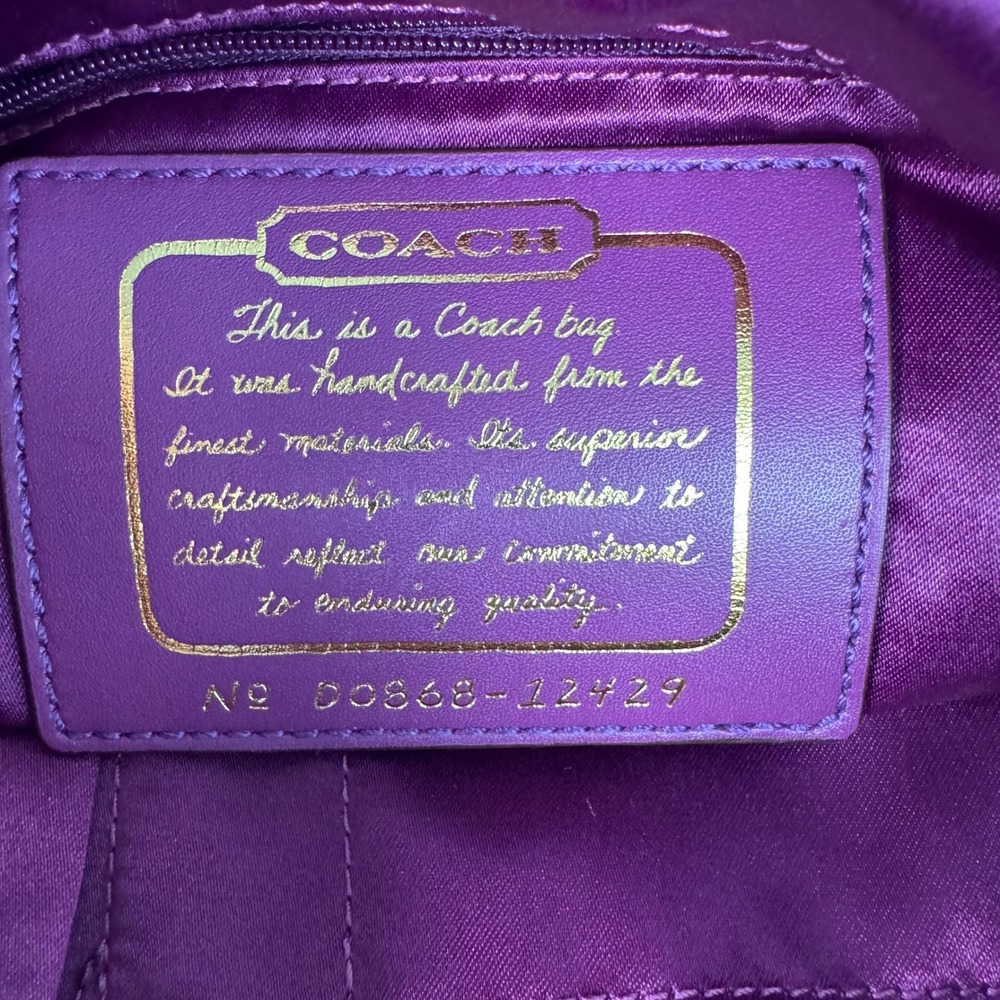 Coach Signature Stripe Tote Women Medium Khaki Purple Patent Leather 12429 Y2K - Picture 6 of 14